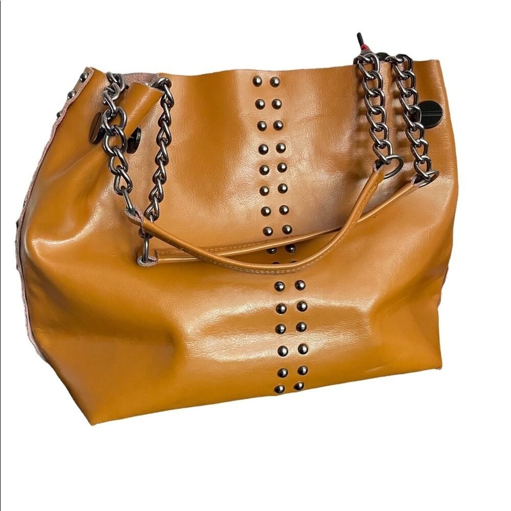 Unbranded Genuine Leather Satchel Shoulder Handbag Studded Chain Strap Brown